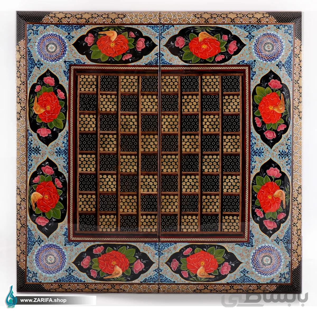 تخته نرد خاتم با نقاشی گل و مرغ و تذهیب ۸ خانه ۵۰*۵۰