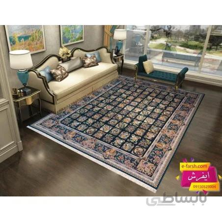 فرش ماشینی نگین مشهد طرح 1212 آبی کاربنی گل برجسته