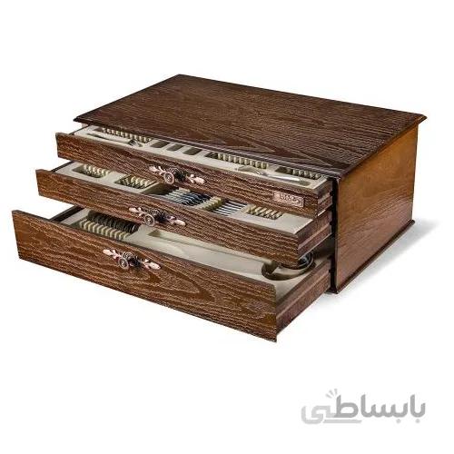Nab-Steel Imperial Steel Round Gold Cutlery Set 116 Pieces ا سرویس قاشق و چنگال ۱۸ نفره ناب استیل طرح امپریال (۱۱۶ پارچه) بعلاوه کنسول چوبی