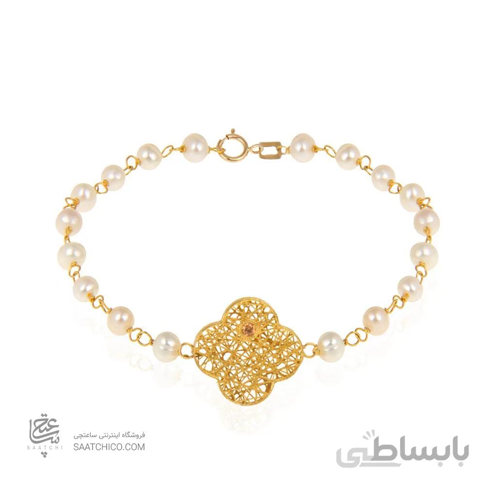 دستبند مروارید با پلاک طلا طرح فیوژن ونکلیف کد XB718