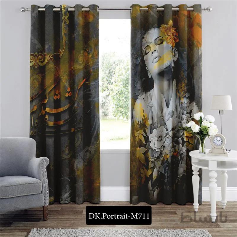 پرده پانچی (هازان و مخمل) کد DK.Portrait.M711 طرح چهره بانو و گل