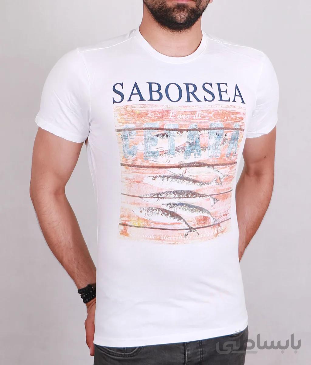 تیشرت یقه گرد مردانه سفید مدل Sabor Sea