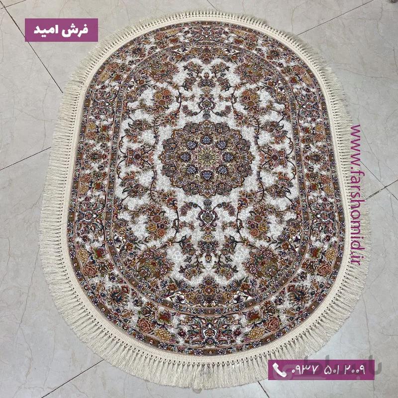 فرش ماشینی بیضی 1200 شانه طرح جواهر نقره ای فرش ملل