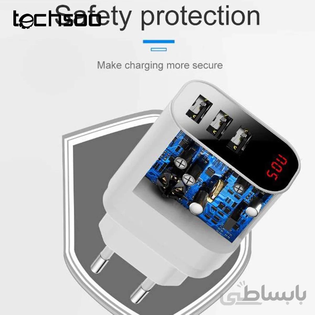 آداپتور ۳ پورت هوشمند بیسوس Baseus Mirror Lake Intelligent Digital Display 3USB Travel Charger 3.4A
