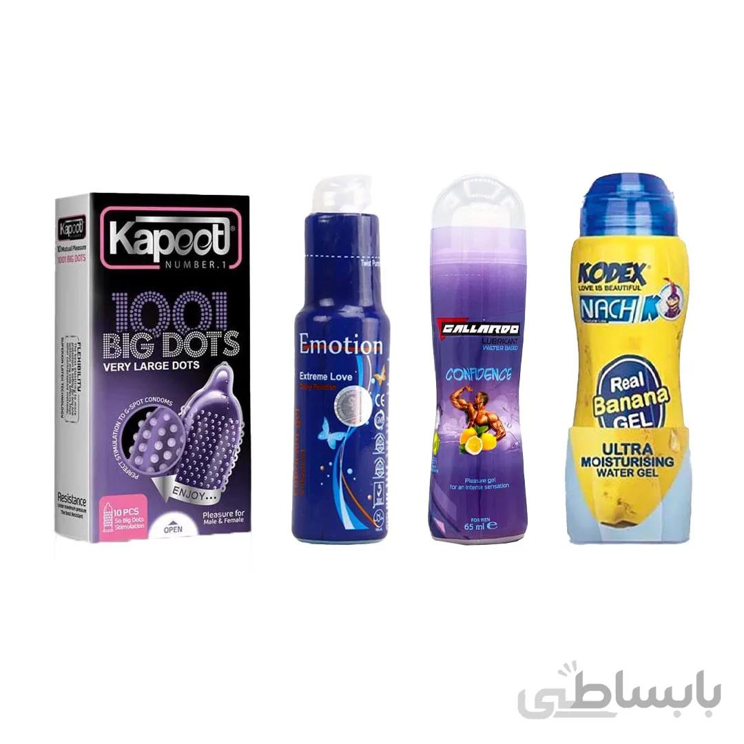 پک زناشویی همه کاره (ژل روان کننده کدکس + ژل حجم دهنده گالاردو + ژل تاخیری ایموشن + کاندوم خار درشت کاپوت)