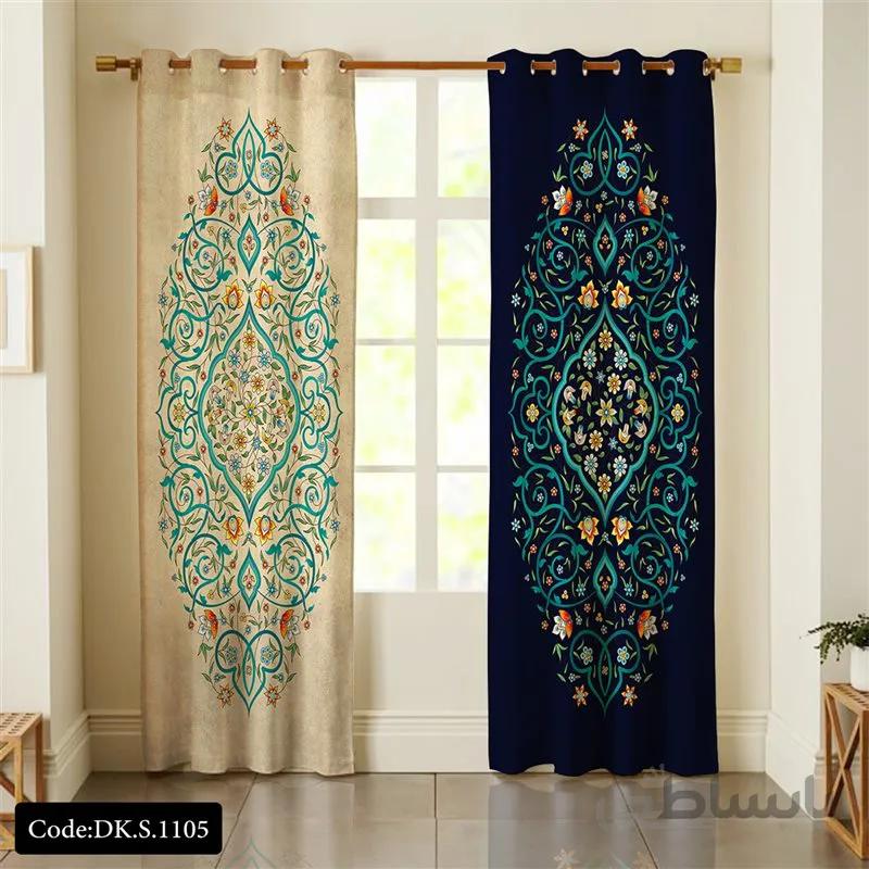 پرده پانچی (هازان و مخمل)کد DK.S.1105 طرح ایرانی و سنتی اسلیمی گلدار دو رنگ
