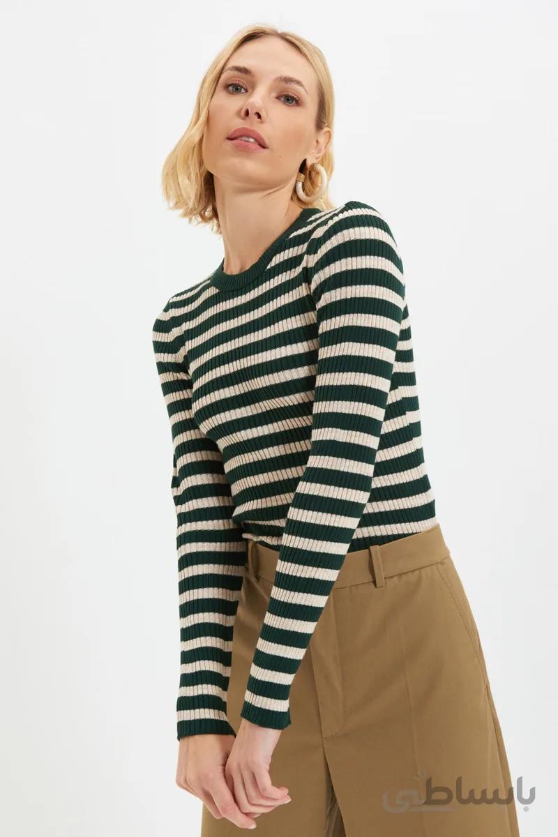 TRENDYOLMİLLA ژاکت بافتنی راه راه سبز TWOAW21KZ0942