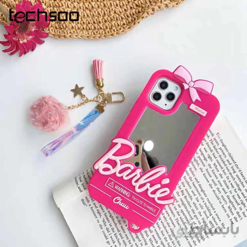 قاب موبایل آیفون باربی نوستالژی آینه ای صورتی + آویز ست