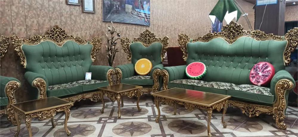 مبل مدل نگین هفت نفره با نمای پلیمری و اسکلت چوب سپیدار،رنگ بندی پارچه ملیتا و اونتوس و رنگ بندی پلیمر استخوانی ،طلایی و فندقی ا Negin model sofa for seven people with polymer facade and poplar frame, coloring of Melita and Ontus fabric and coloring of bone, gold and hazelnut polymer