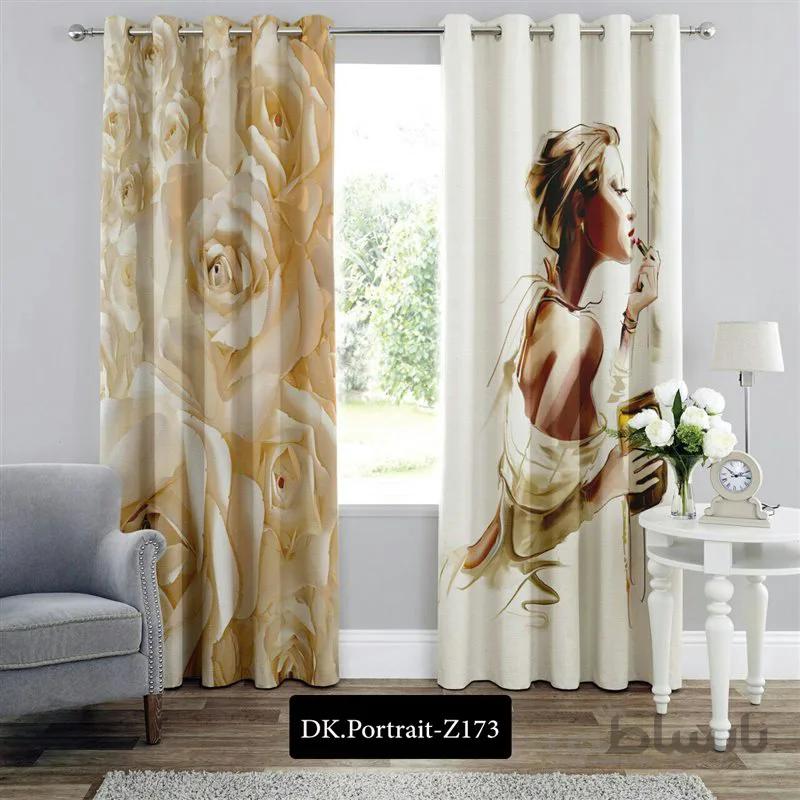 پرده پانچی (هازان و مخمل) کد DK.Portrait.Z173 طرح چهره بانو و گل