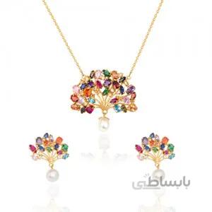 نیم ست طلا زنانه طرح درخت زندگی مولتی کالر کد XS214
