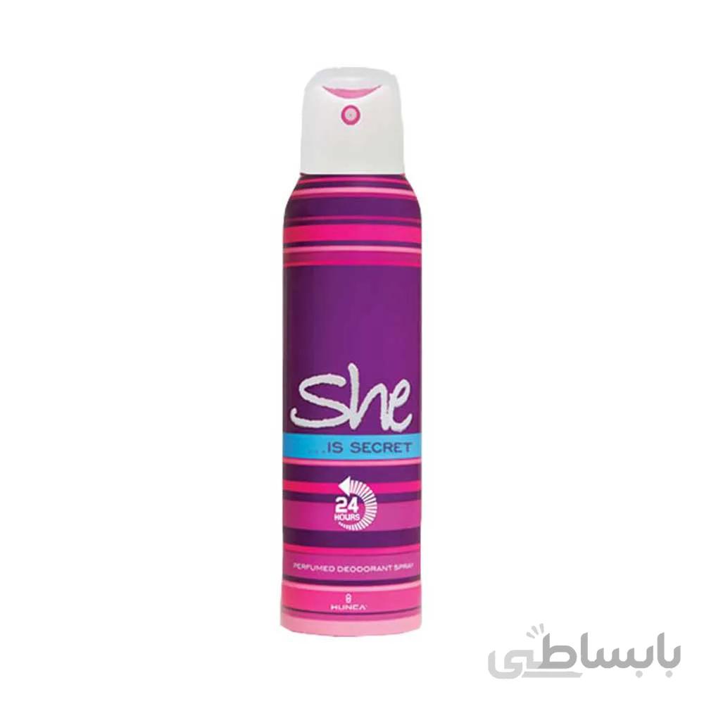 اسپری دئودورانت24 ساعته زنانه شی she مدل سکرت secret در حجم 150 میلی لیتر ا perfumed deodorant spray she model is secret 150