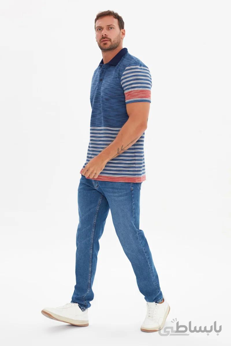 TRENDYOL MAN تی شرت یقه دار یقه دار راه راه آستین کوتاه مردانه Navy Blue TMNSS21PO0236