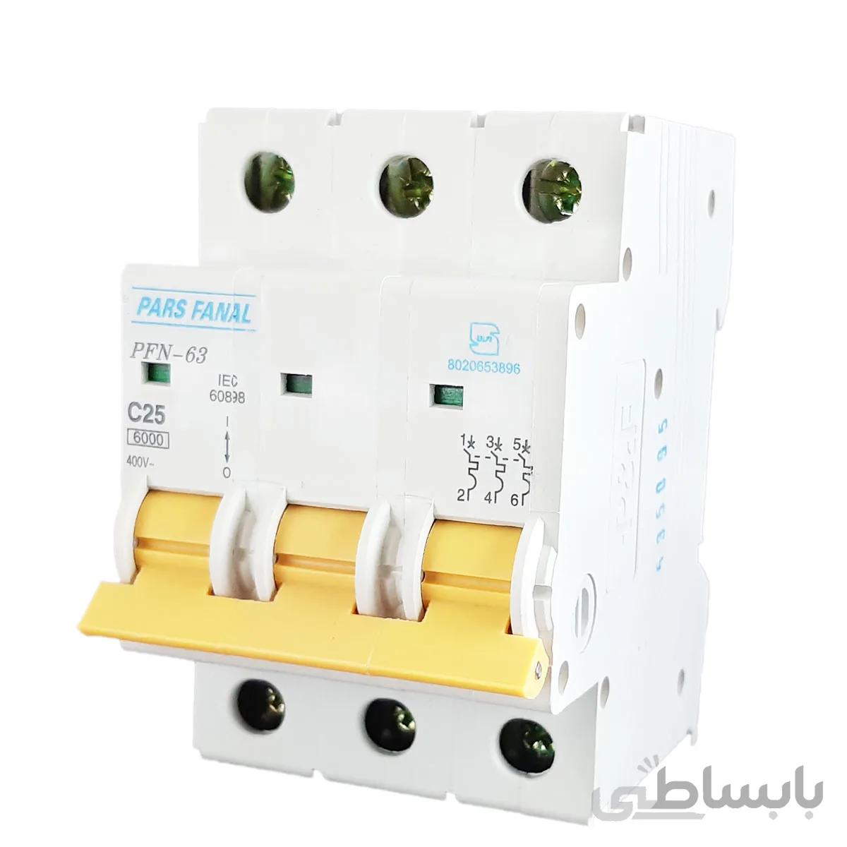 مینیاتوری سه فاز 25 آمپر پارس فانال مدل PFN-63 ا MCB_3P_25A_400V PARS FANAL