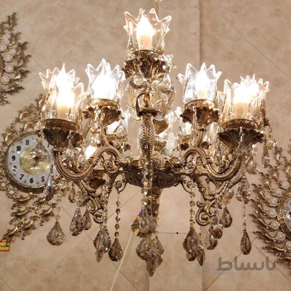 لوستر برنزی طرح ترکیبی فرشته و گل ناز ۴ شاخه ۱۲ شعله کد ۶۰۶