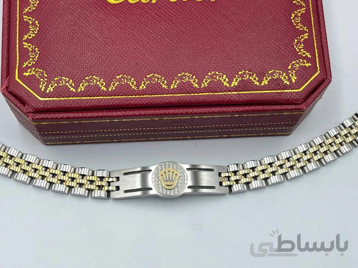 دستبند رولکس سفید طلایی پلاک دار