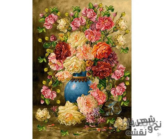 نخ و نقشه آماده بافت تابلو فرش گلدان گل رز کد 91367