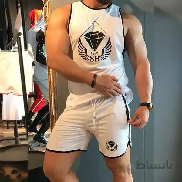 ست مردانه کد 181 رکابی و شلوارک طرح نوار مشکی جنس ویسکوز ا Men's set code 181 T-shirt and shorts with black stripe design, viscose material