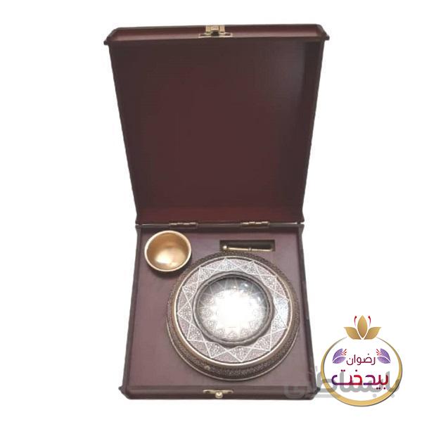 جعبه زعفران چوبی با هاون نقلی و ظرف خاتم سایز 13*13 سانتی متر