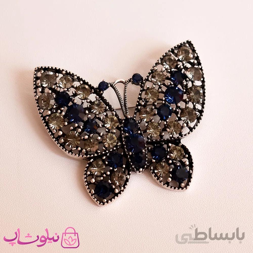 گل سینه زنانه طرح پروانه سرمه ای مشکی کد 1010-2