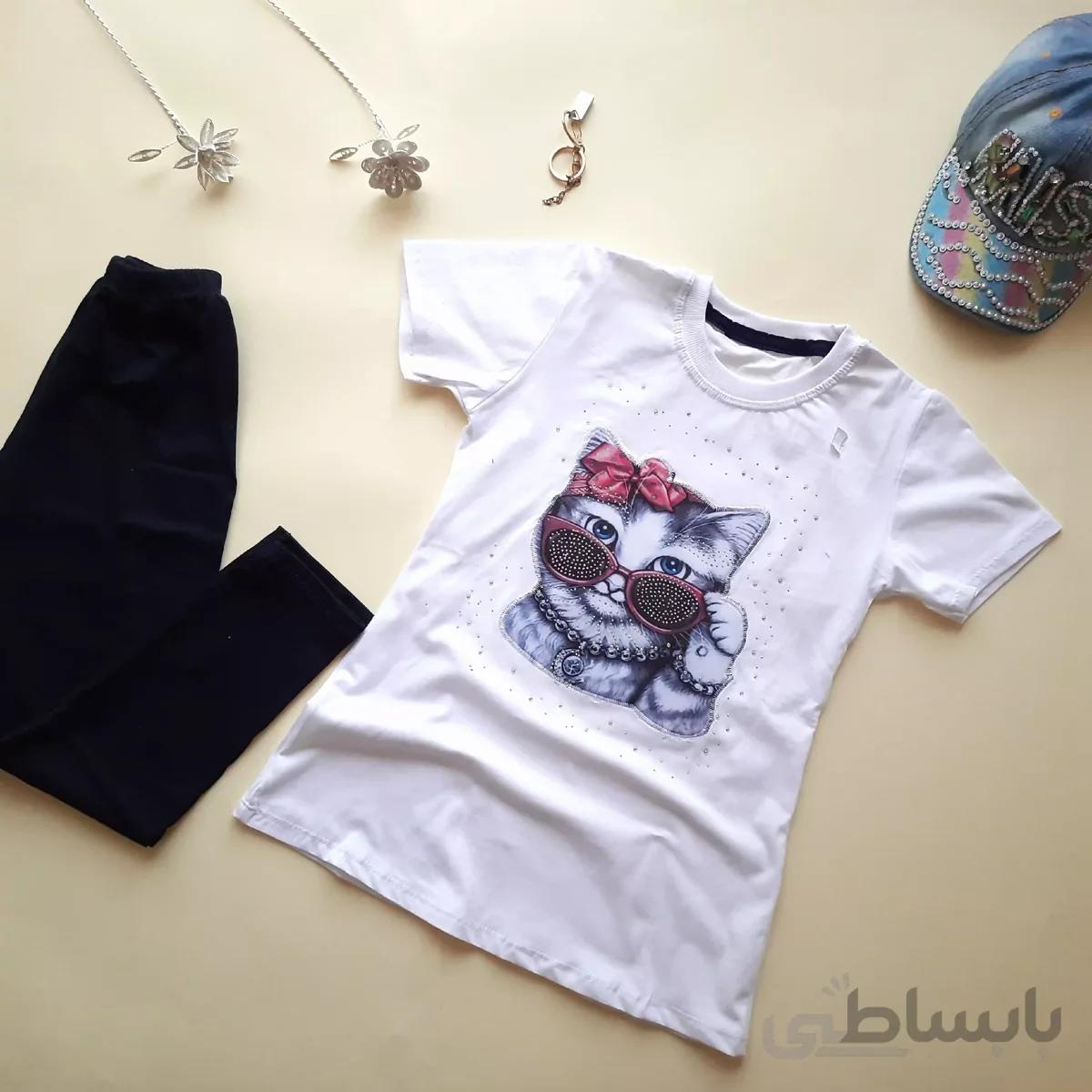 ست دخترانه تیشرت شلوارک راحتی و خانگی تکه دوزی شده طرح گربه