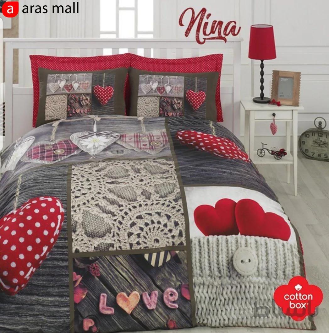ست کاور رانفورس کاتن باکس مدل 3D طرح Nina رنگ Kirmizi دو نفره 4 تکه