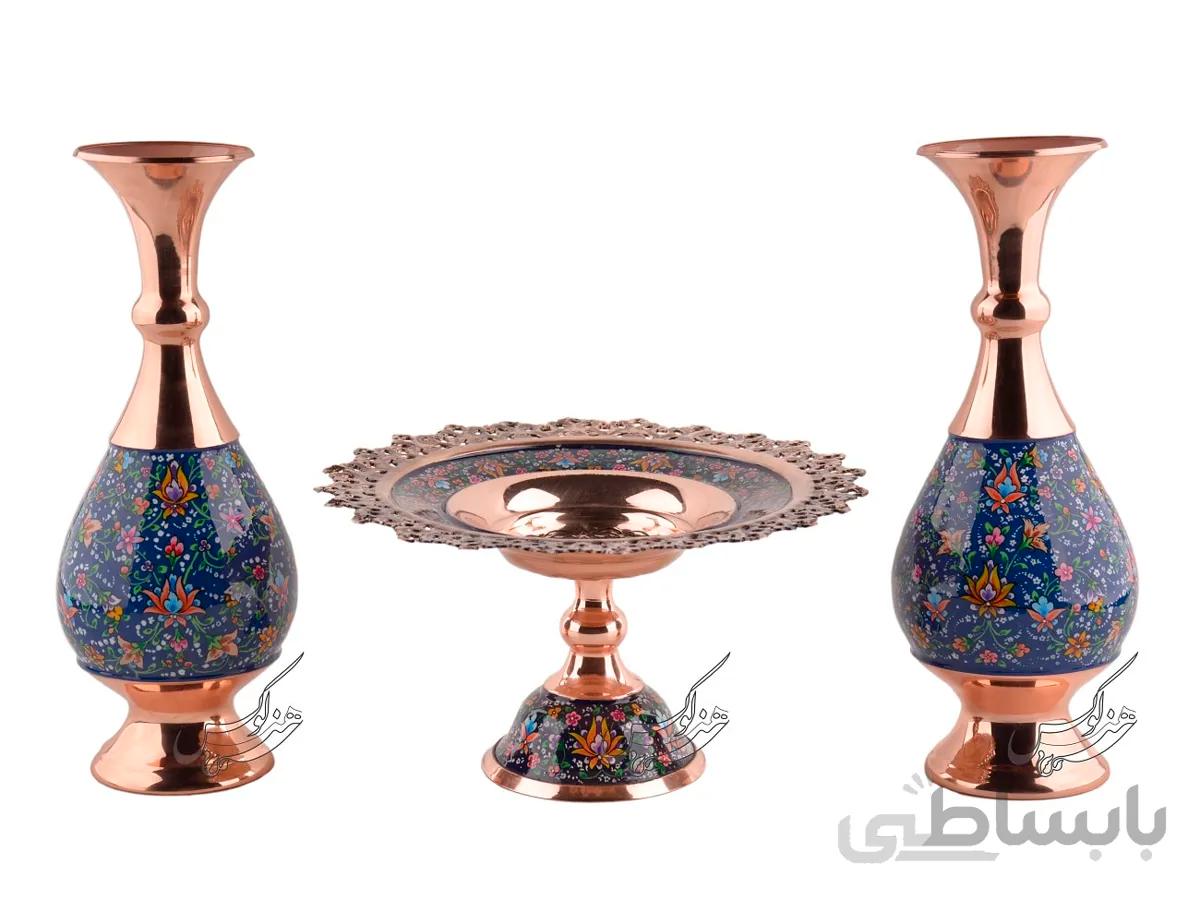 ست دکوری مسی پرداز شیرینی خوری و گلدان متوسط