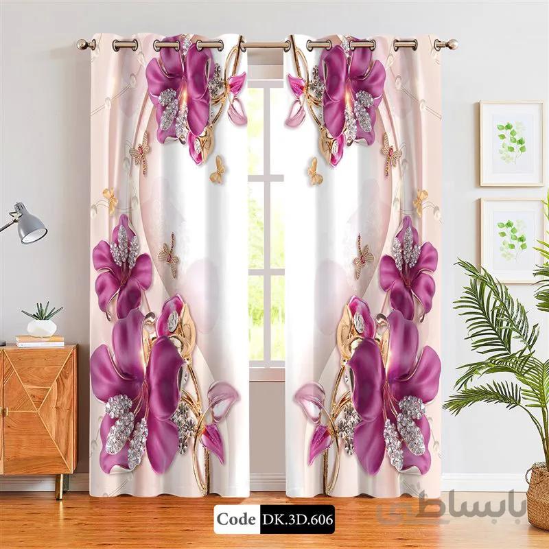 پرده پانچی (هازان و مخمل)کد DK.3D.606 طرح سه بعدی گل های بنفش طلایی