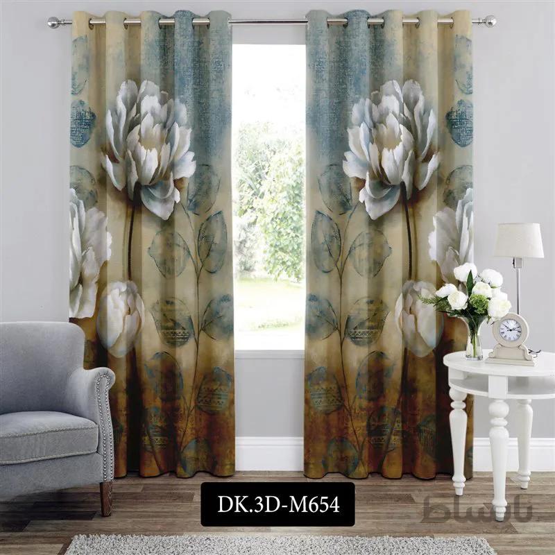 پرده پانچی (هازان و مخمل)کد DK.3D.M654 طرح سه بعدی گل های سفید