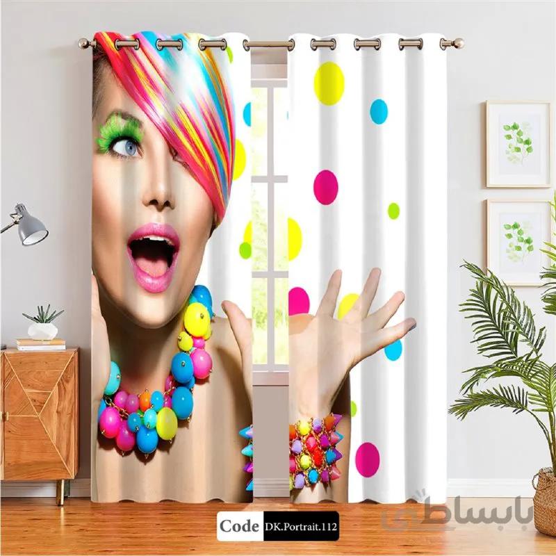 پرده پانچی (هازان و مخمل) کد DK.Portrait.112 طرح چهره زن با گردنبند و توپ های رنگی