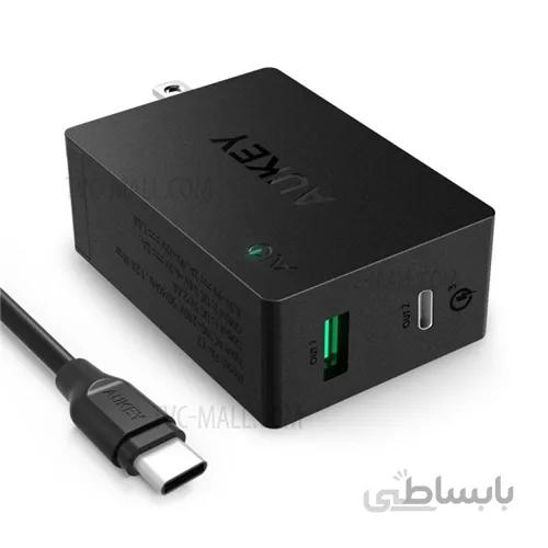 شارژر دیواری 2 پورت با قابلیت شارژ سریع آکی Aukey PA-Y2 Amp Type-C Dual Port Wall Charger