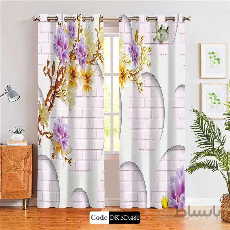 پرده پانچی (هازان و مخمل)کد DK.3D.480 طرح سه بعدی شکوفه ها و دیوار آجری