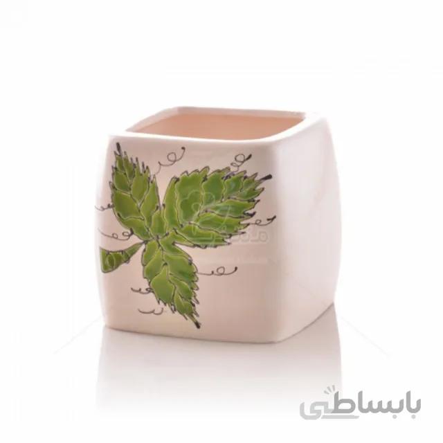 گلدان سرامیکی مکعب طرح برگ ارتفاع 14 سانتی متر
