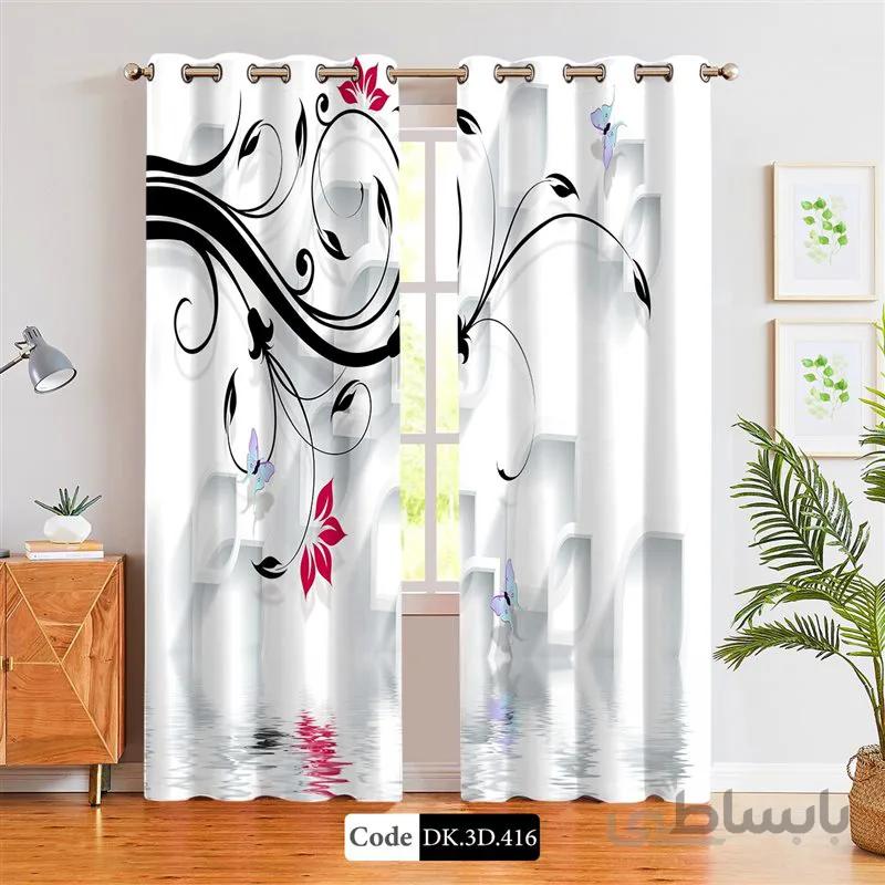 پرده پانچی (هازان و مخمل)کد DK.3D.416 طرح سه بعدی گل و پروانه در آب
