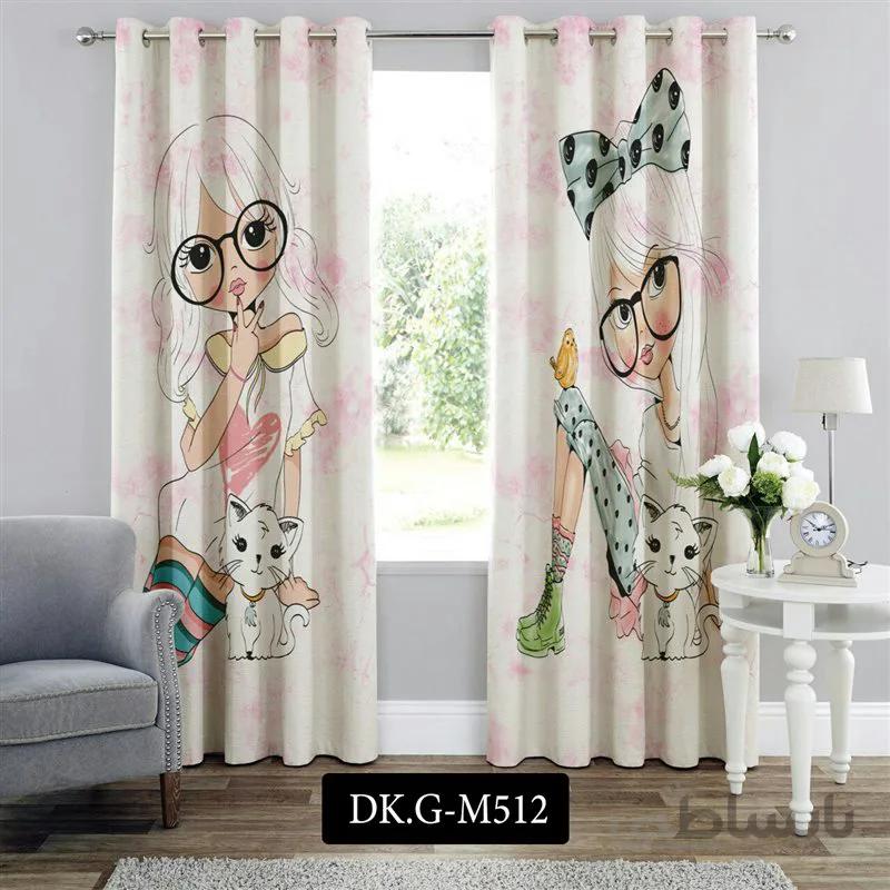 پرده پانچی (هازان و مخمل) کد DK.G.M512 طرح دخترانه دختر بچه و گربه
