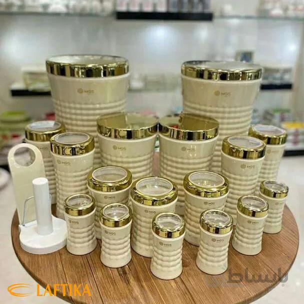 سرویس آشپزخانه 18 پارچه کريستالی ام جی اس MGS کرم درب طلايی