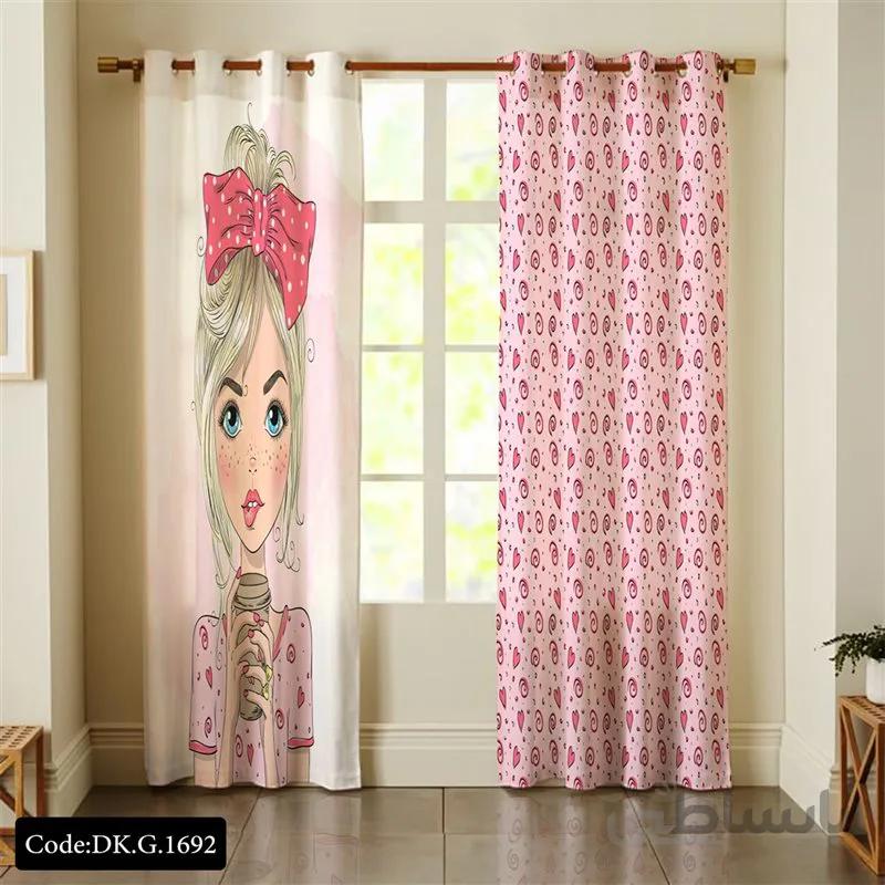 پرده پانچی (هازان و مخمل) کد DK.G.1692 طرح دخترانه دختر و قهوه