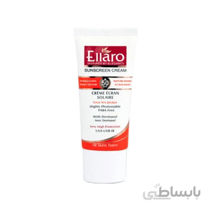 كرم ضد آفتاب +SPF50 مناسب انواع پوست بي رنگ فاقد پارابن - الارو ا Ellaro Sunscreen Cream SPF 50⁺ For All Skins 50 ml