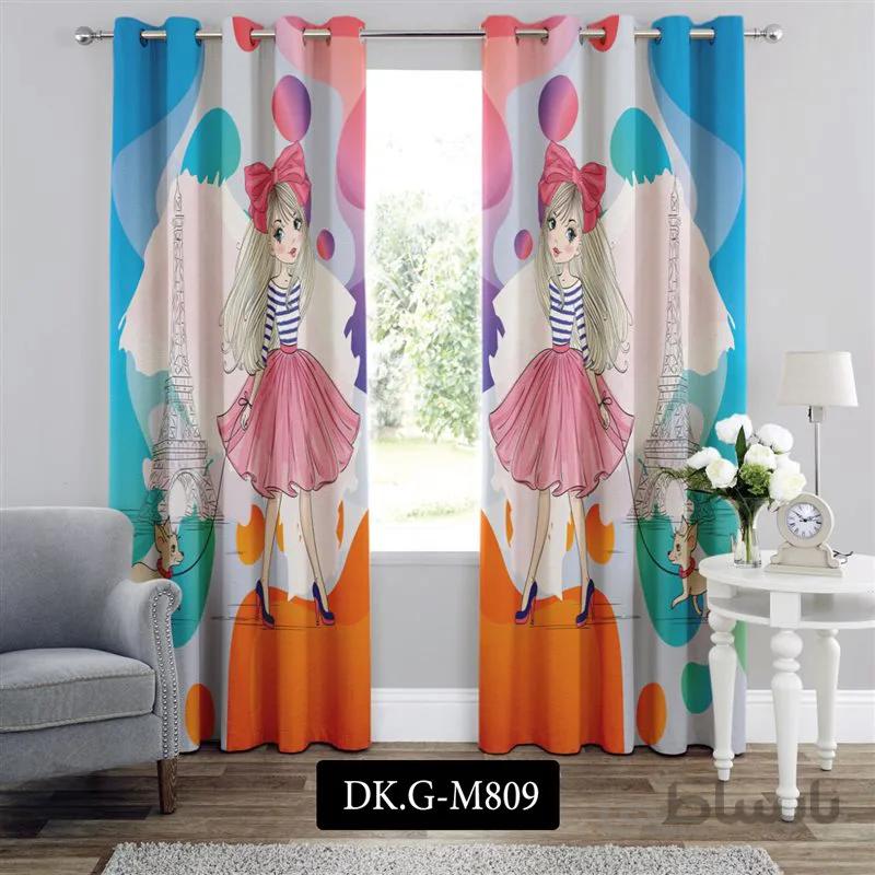 پرده پانچی (هازان و مخمل) کد DK.G.M809 طرح دخترانه دختر بچه و سگ
