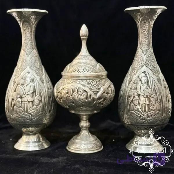 ست گلدان و شکلاتخوری مسی قلم تمام دست – وزن بالا