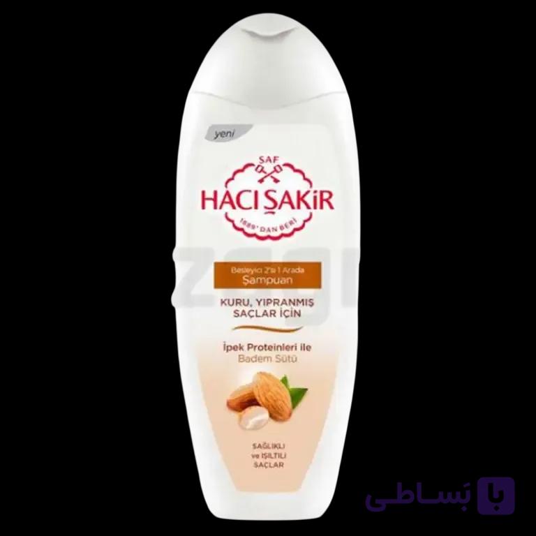 شامپو تغذیه کننده 2 در 1 حاجی شاکر حاوی شیر بادام مناسب موهای خشک و آسیب دیده 500 میل