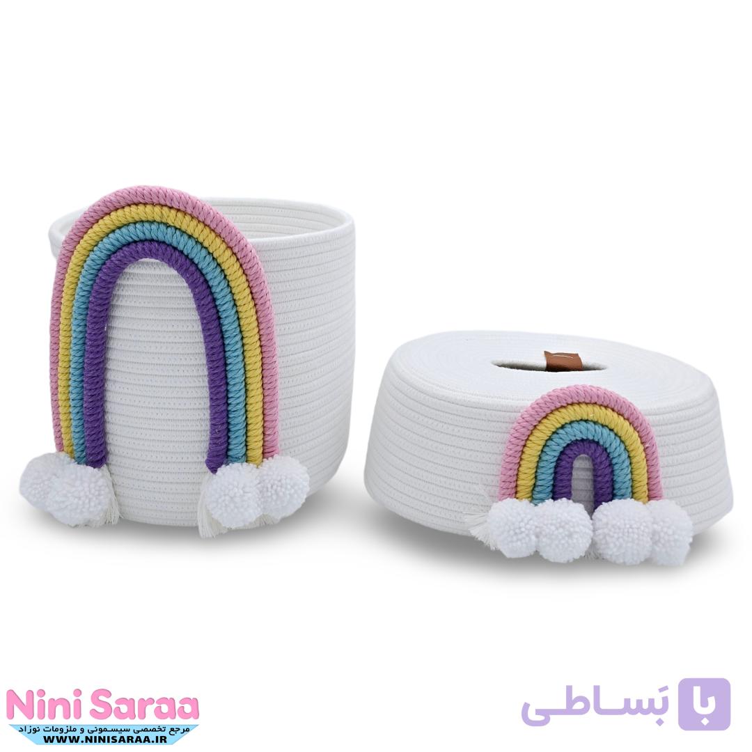 سطل و جای دستمال کاغذی باکیفیت و عروسکی اتاق کودک قیطان طرح رنگین کمان رنگ کرم