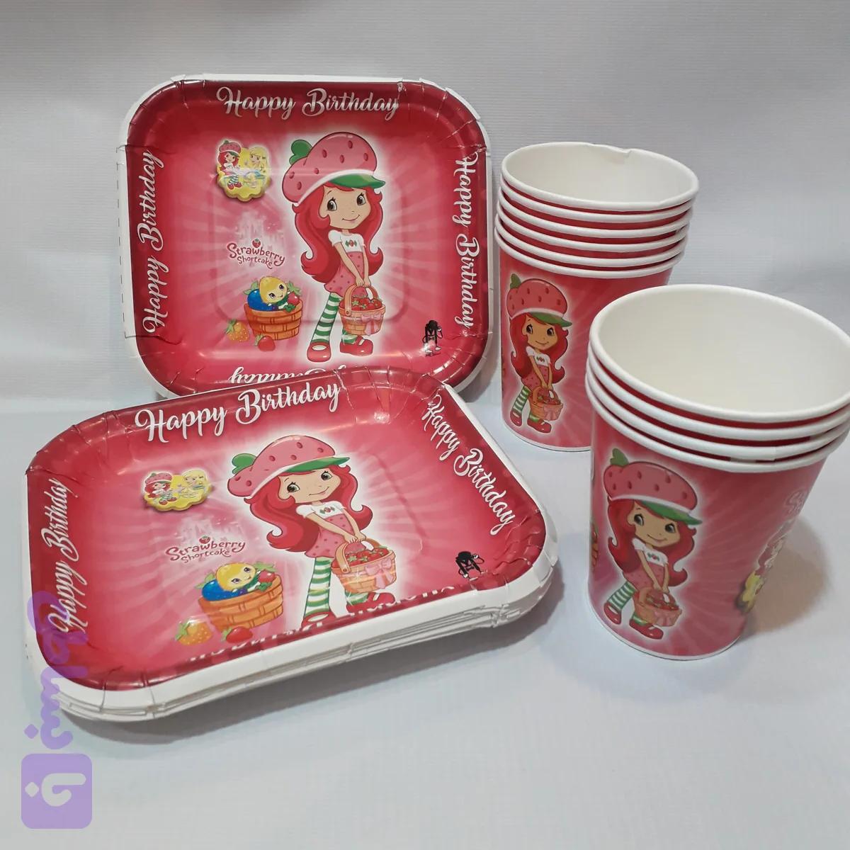 ظرف و لیوان و چنگال توت فرنگی