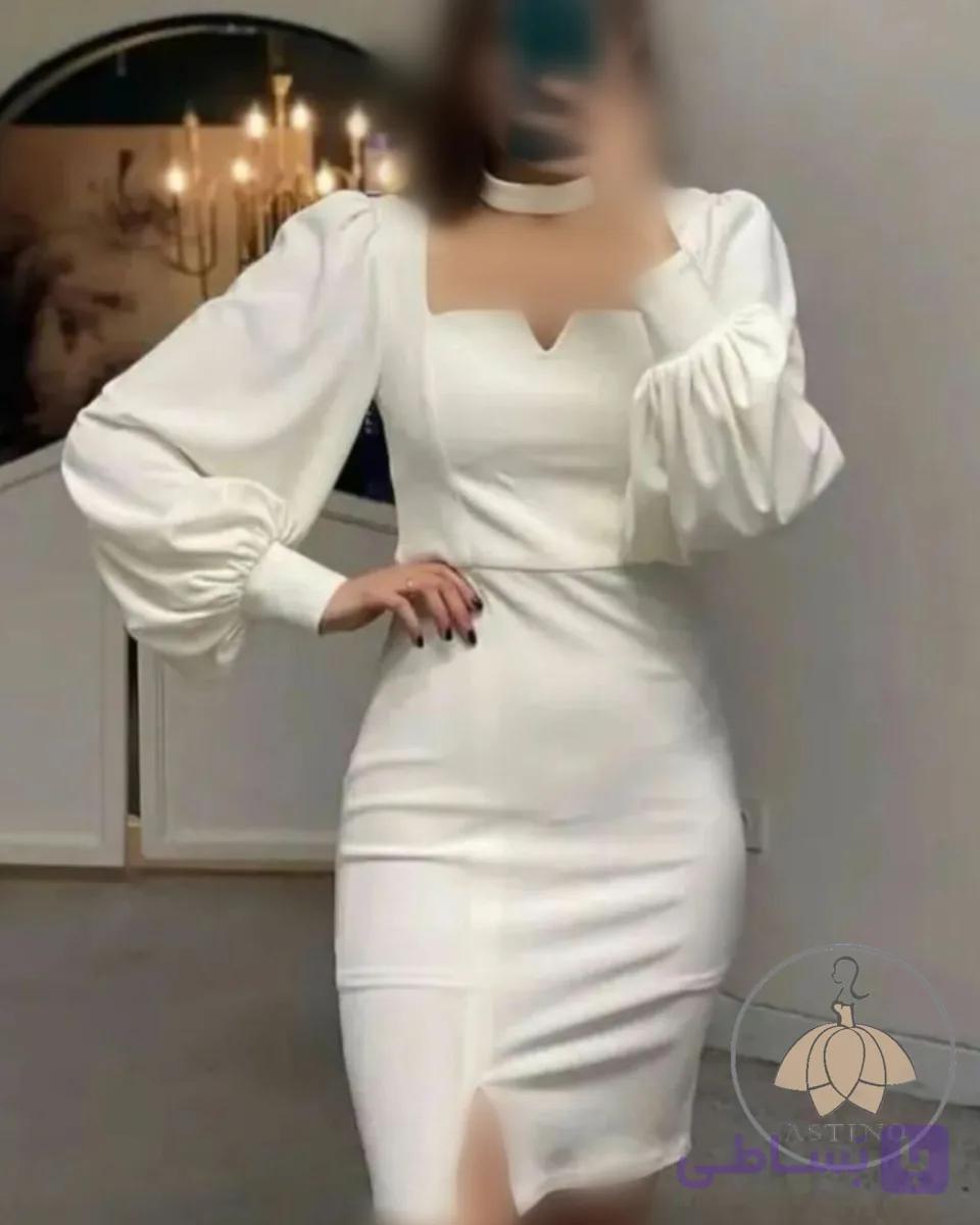 لباس مجلسی زنانه کرپ جذب کوتاه چاکدار