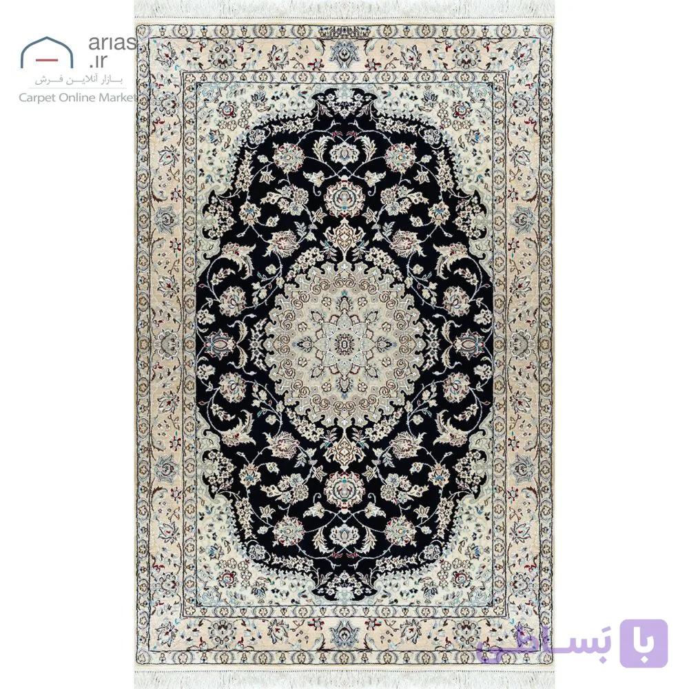 فرش دستباف نایین سرمهای ۶ لا گل ابریشم – قالیچه (۱۳۰ × ۲۰۰ سانتیمتر) کد D28163
