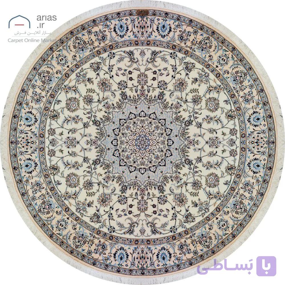 فرش دستباف نایین گرد قطر ۲۰۰ سانتیمتر کرم نقشه ترنجی اخوان ۶ لا گل ابریشم کد D28209