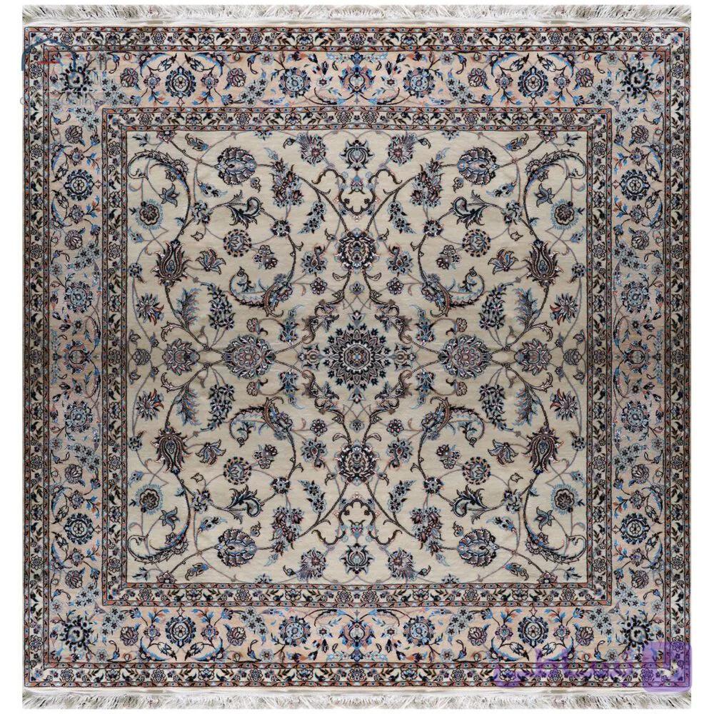 فرش دستباف نایین مربع ۲×۲ متر افشان کرم ۶ لا گل ابریشم کد D28191