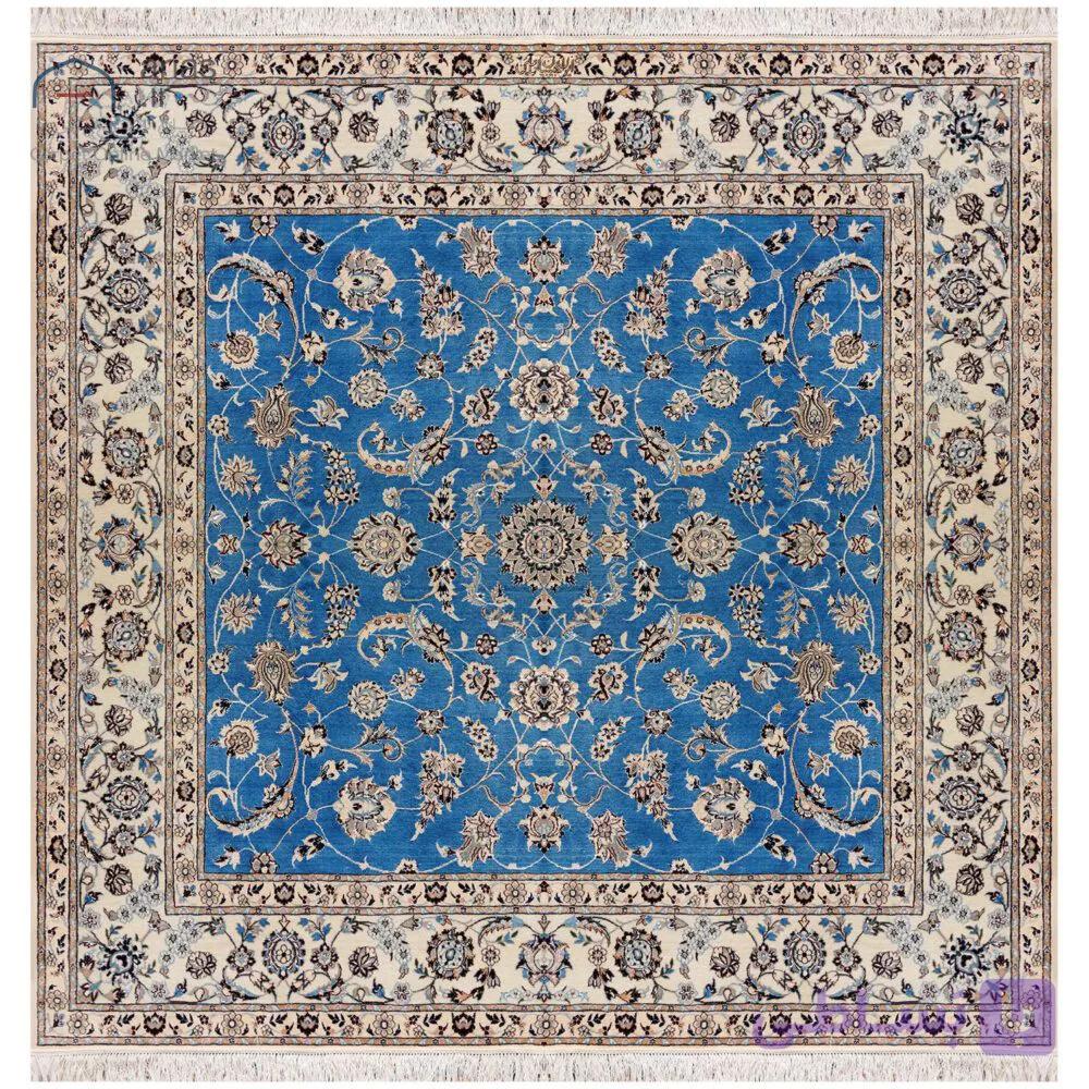 فرش مربع آبی افشان دستباف نایین ۲×۲ متر ۶ لا گل ابریشم کد D28192