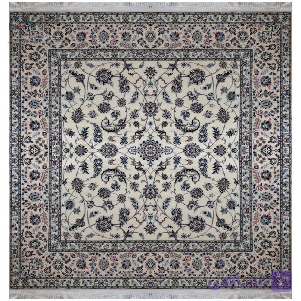 فرش دستباف نایین مربع ۲×۲ متر افشان کرم ۶ لا گل ابریشم کد D28190