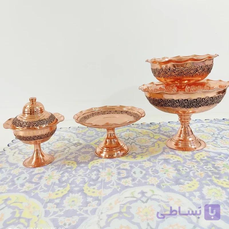 ست 4 تیکه پذیرایی تمام مسی زنجان گل کاری سیاه قلم برجسته